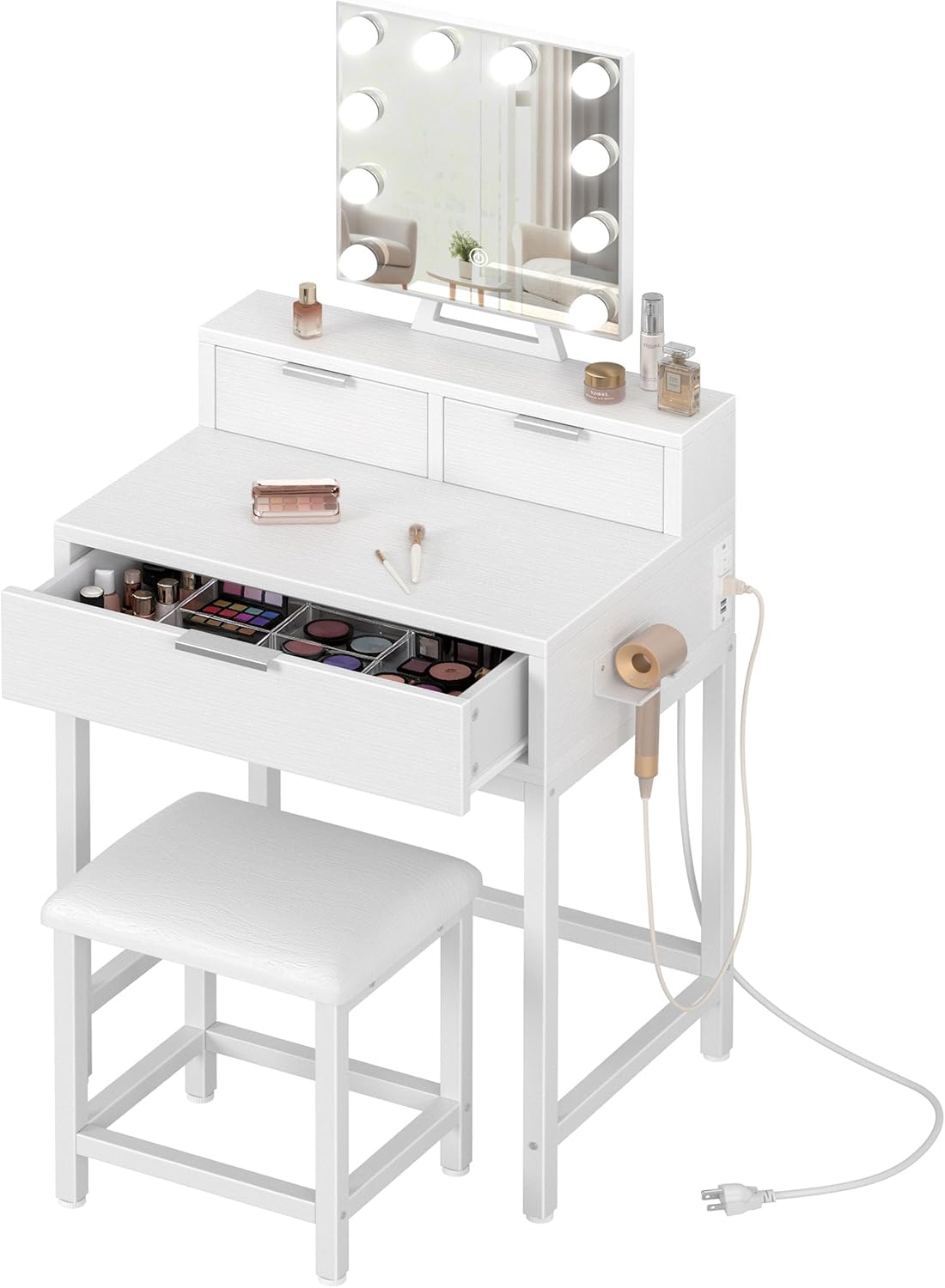 Desk Vanity Setup - White Makeup Vanity Desk with Hollywood