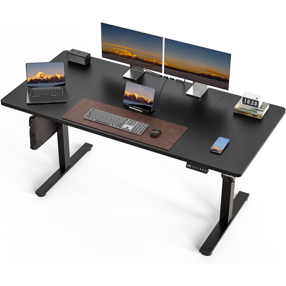Desk Setup Dual Monitor - Large 63x30 Electric Adjustable Height Desk,