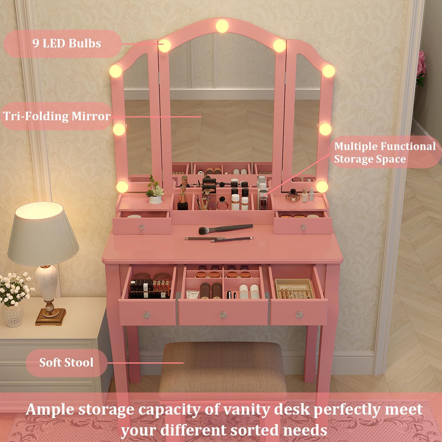 Pink Makeup Vanity Desk with M – Desk Vanity Setup Bewertung und Preis
