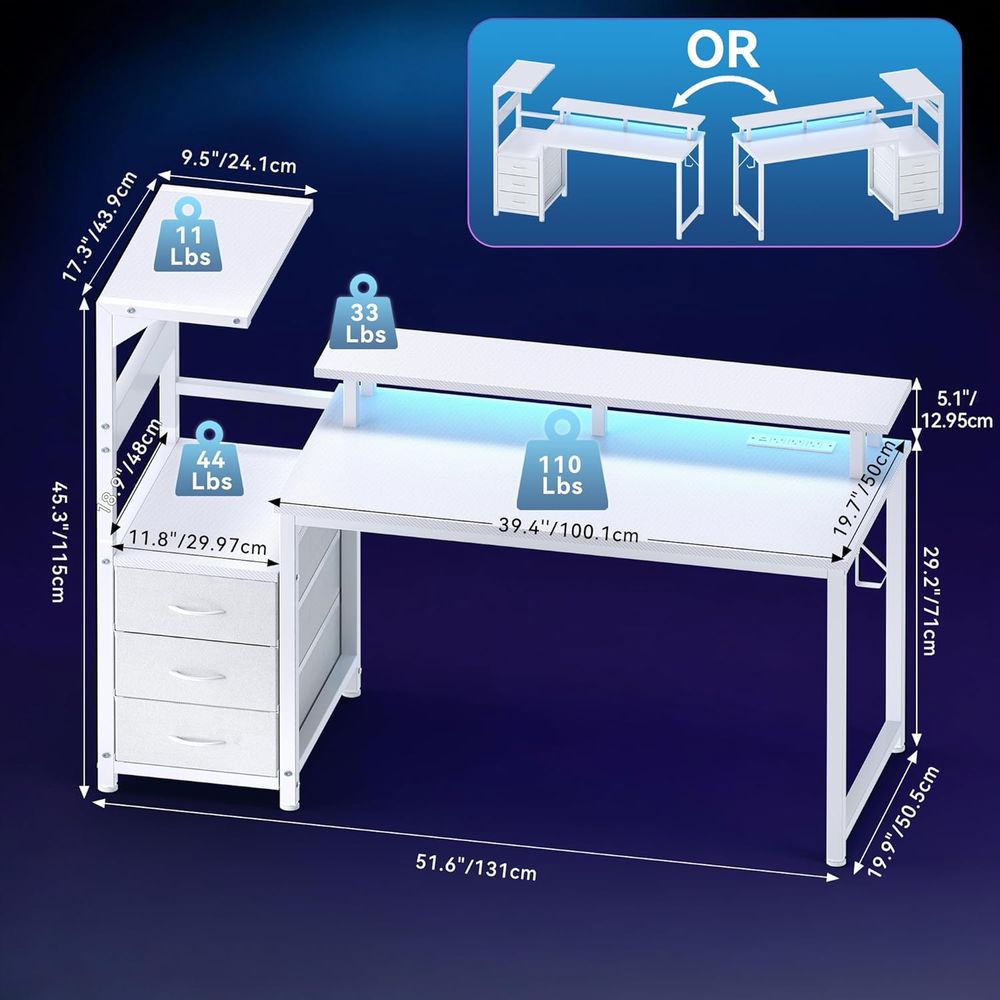 White 52 L-Shaped Gaming Desk  – Desk Setup Dual Monitor Bewertung und Preis